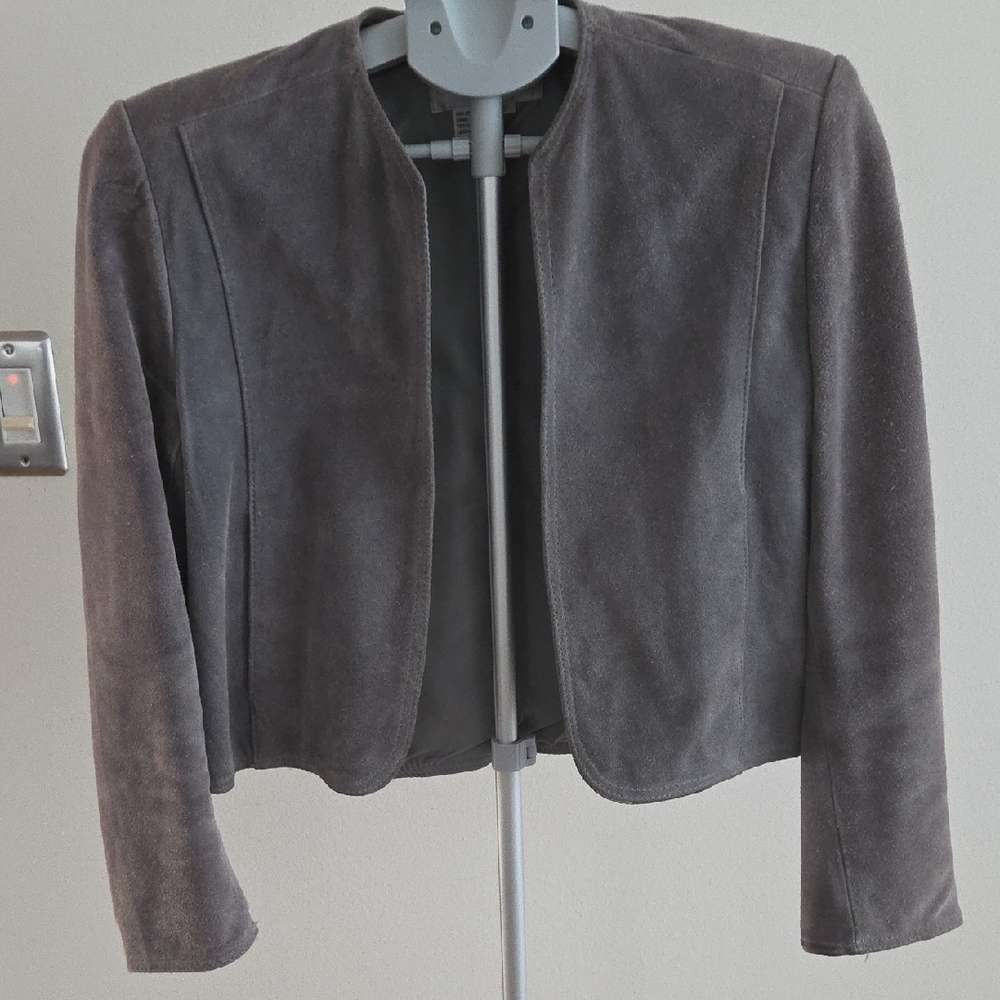 Elegant Women's Gray Suede Leather Open Blazer
